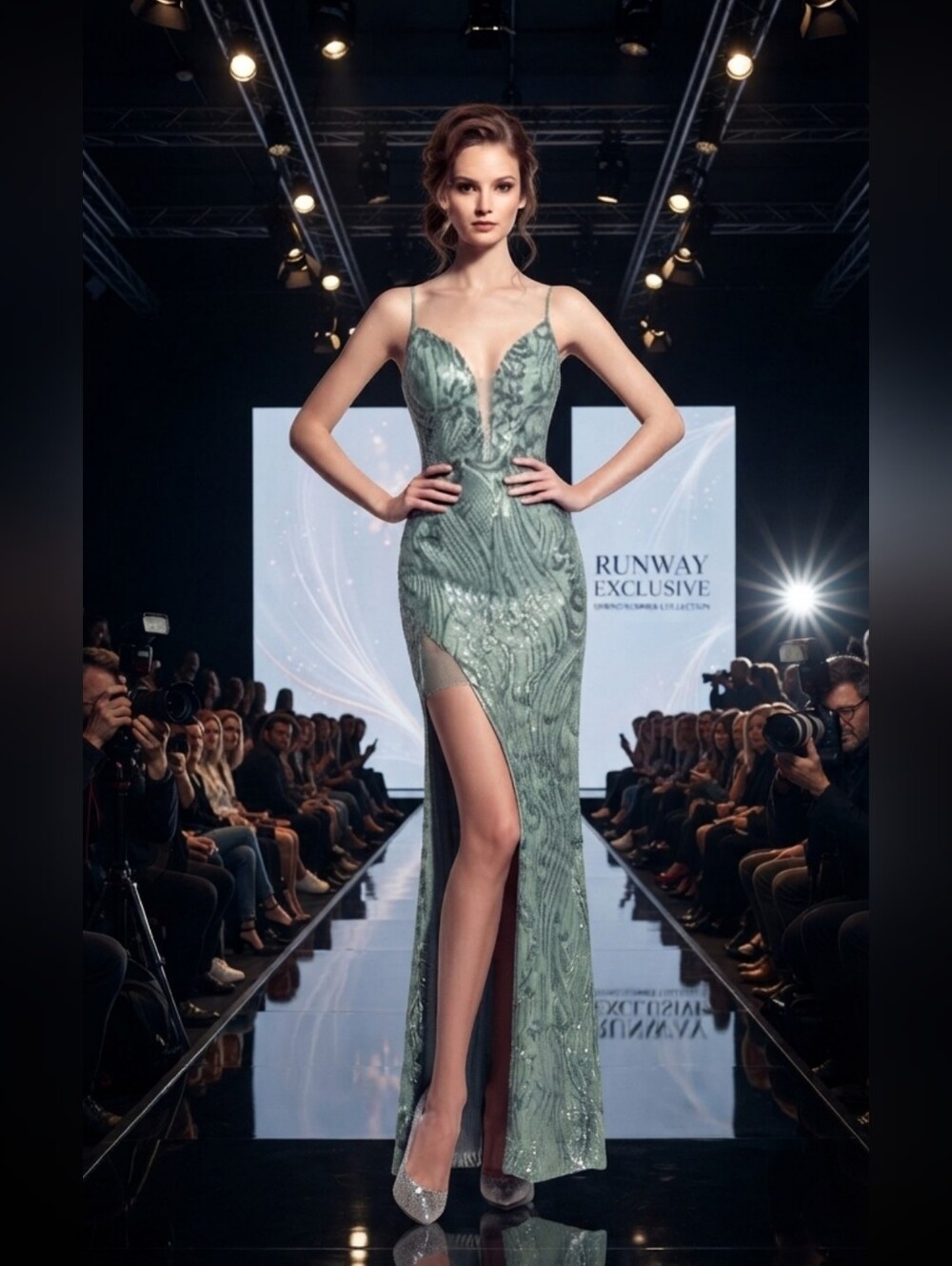 Elegant Sage Green Sequin Evening Gown with Plunge Neck